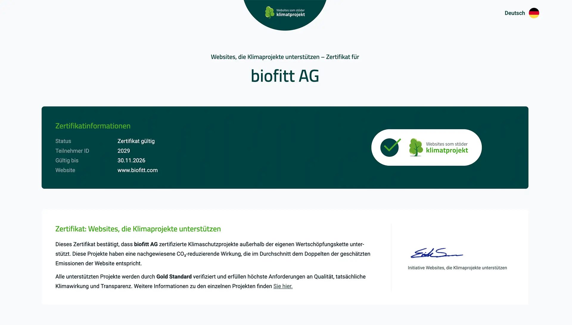 Zertifikat zur CO2-Kompensation der biofitt Website