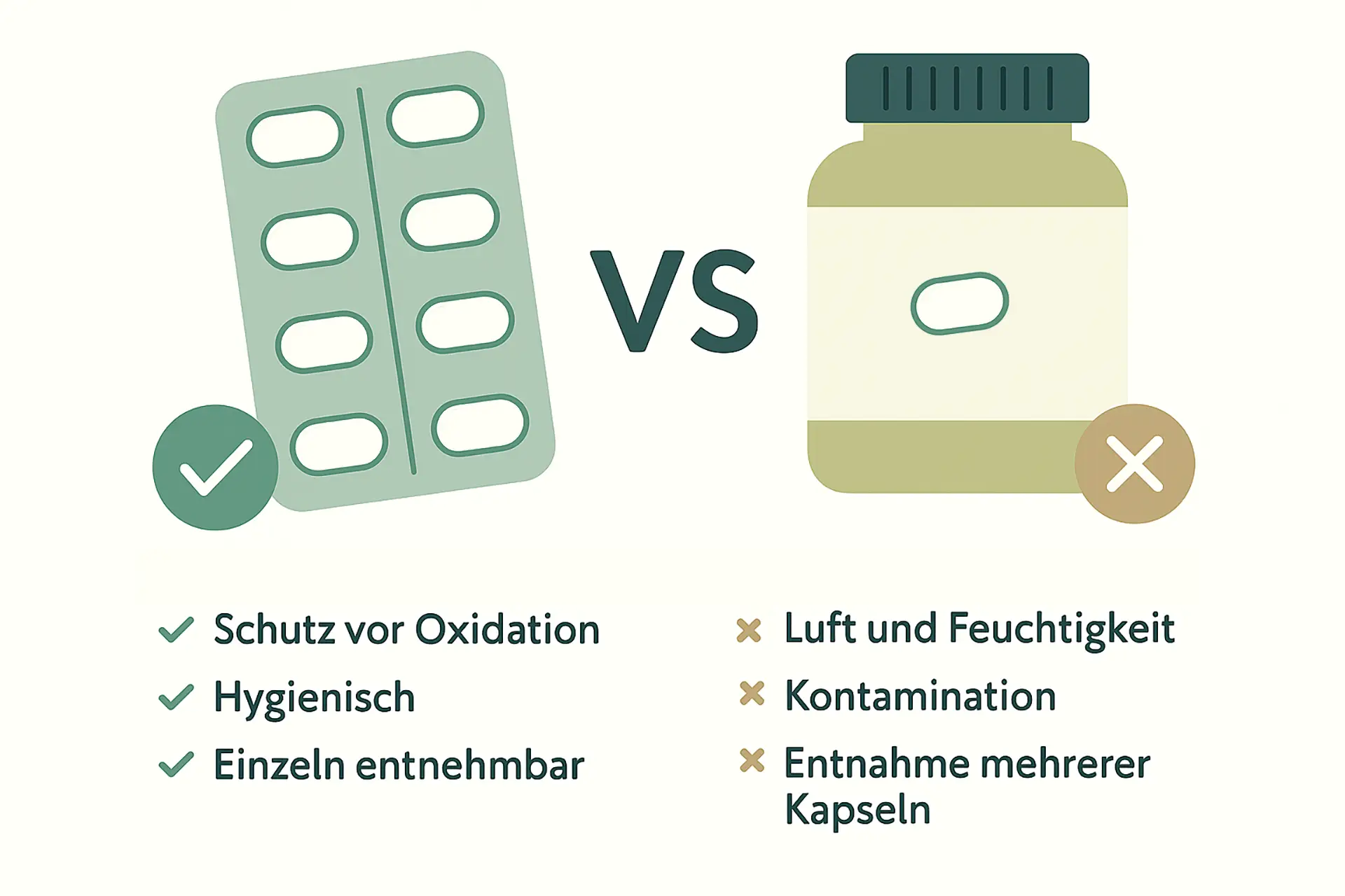 Vergleich zwischen Blisterverpackung und Schraubdose bei Nahrungsergänzungsmitteln