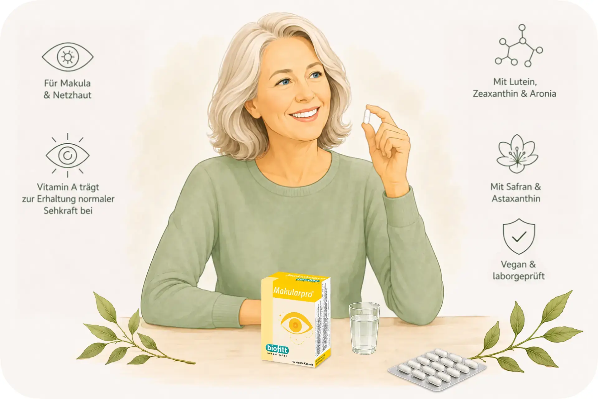 Frau mit Makularpro Kapsel, Produktpackung, Wasserglas und Blister sowie Hinweisen auf Makula und Netzhaut
