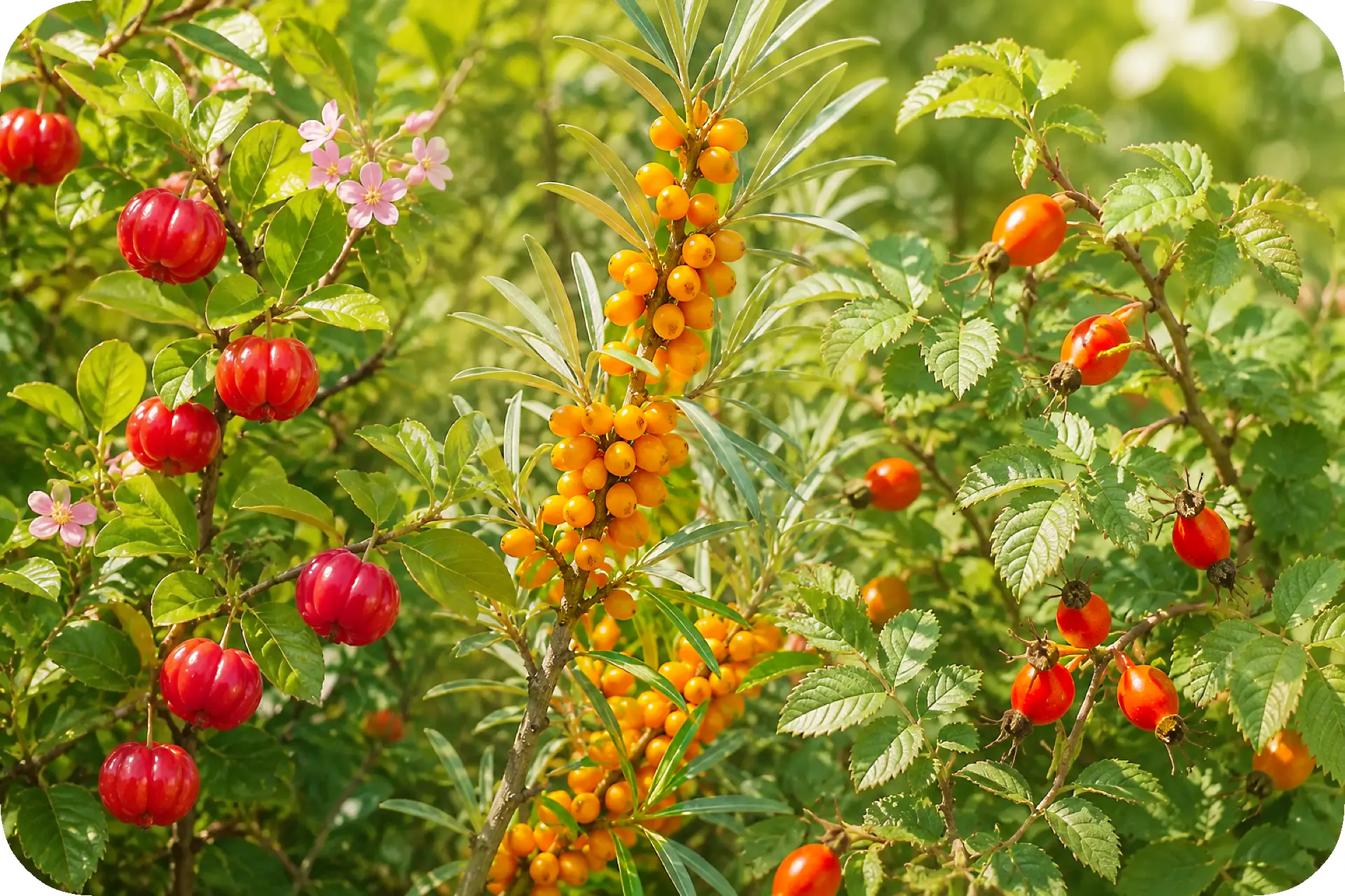Acerola-Kirsche, Hagebutte und Sanddorn als pflanzlicher Vitamin-C-Komplex von VitaminCmulti