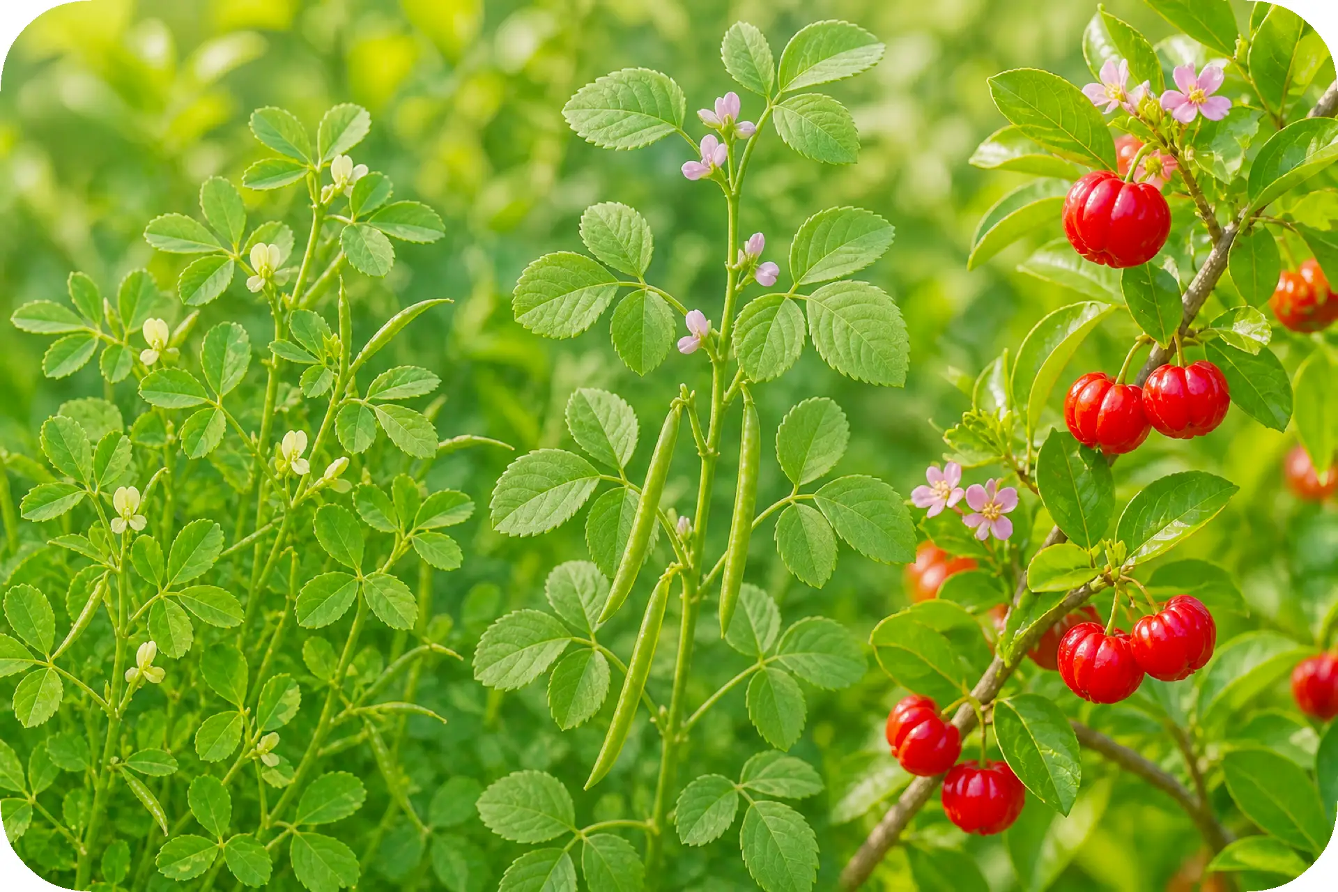 Bockshornklee, Guarpflanze und Acerola als pflanzliche Basis der Diabedex-Rezeptur