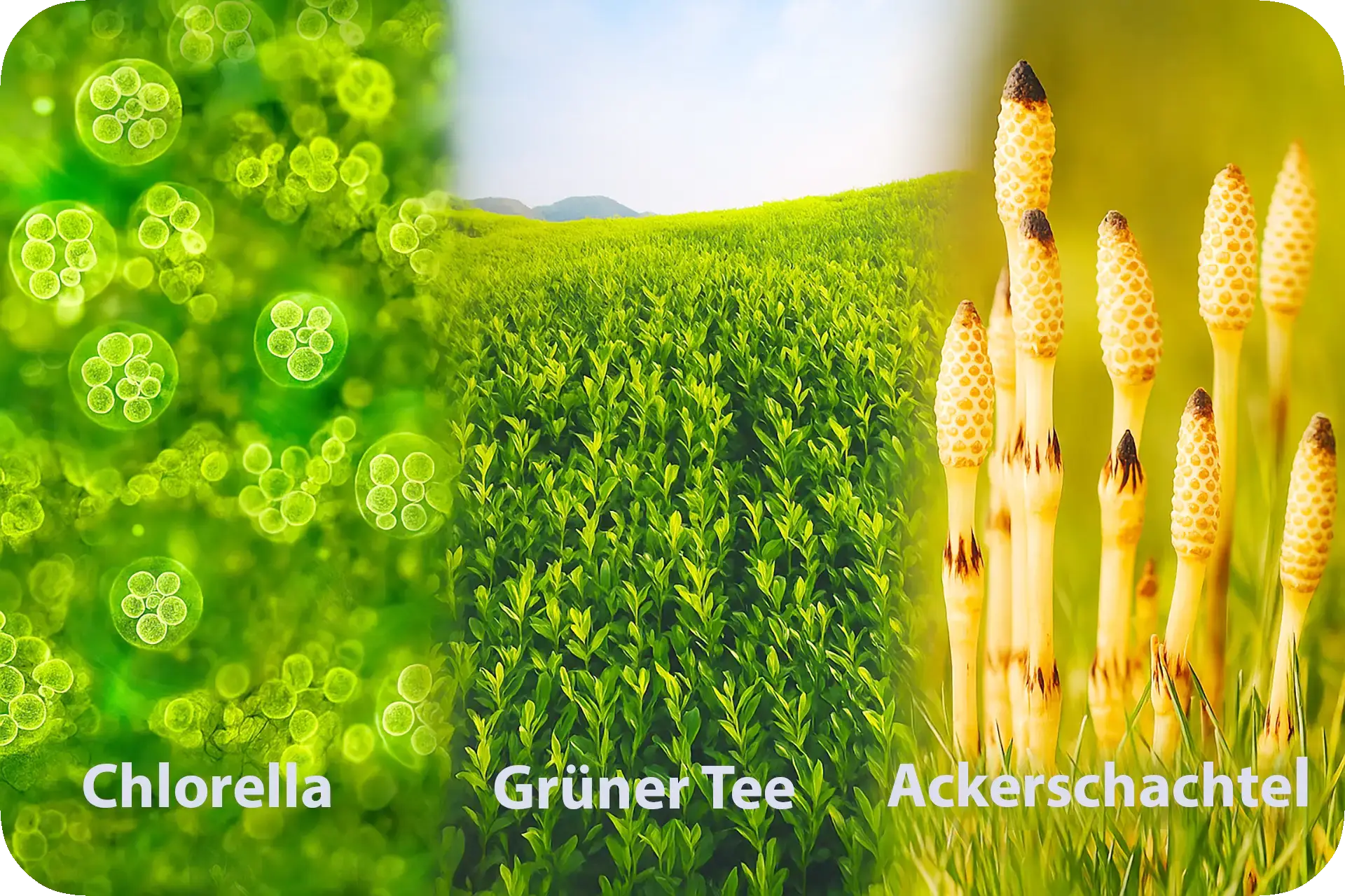 Zutatenübersicht: Chlorella, Grüntee und Acker-Schachtelhalm – Chlorellasan Rezeptur