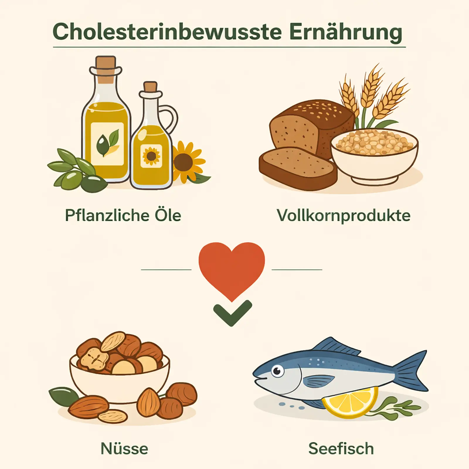 Schematische Darstellung cholesterinbewusster Ernährung mit Hafer, Nüssen, Olivenöl, Hülsenfrüchten und fettreichem Seefisch zur Unterstützung günstiger LDL-Werte