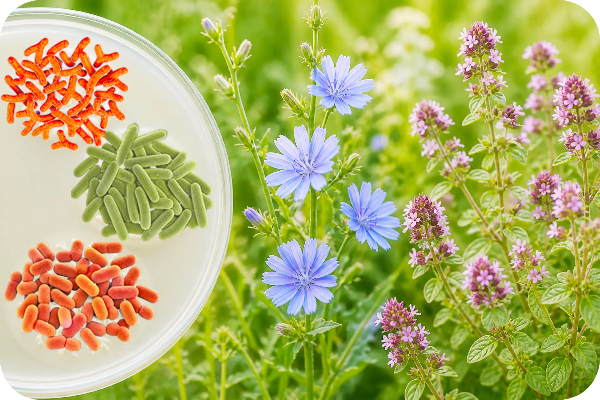 Darmkomplex Zutaten mit probiotischen Kulturen, Inulin und Oregano.