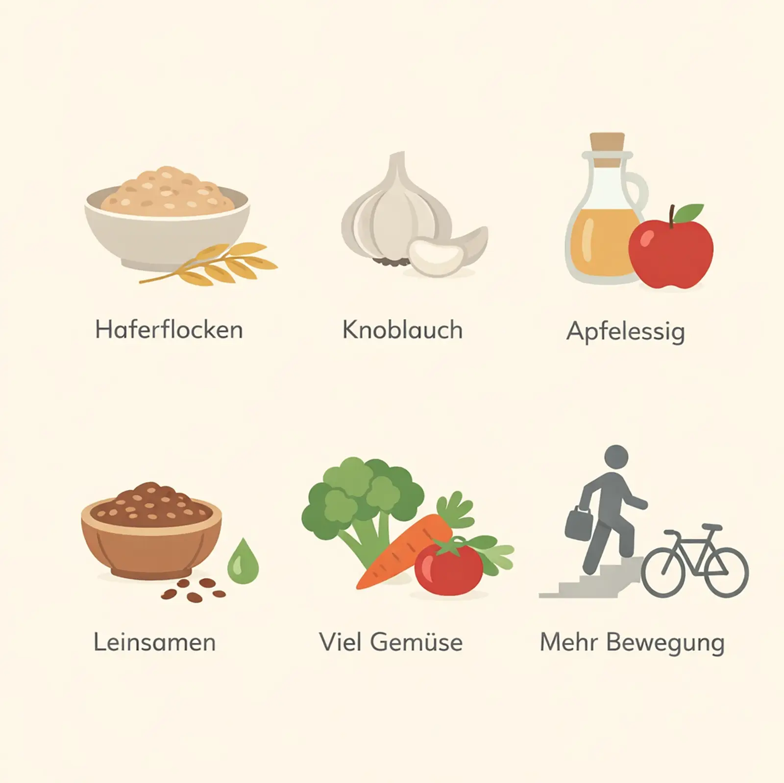 Hausmittel zur Unterstützung eines cholesterinbewussten Lebensstils mit Haferflocken, Knoblauch und Leinsamen