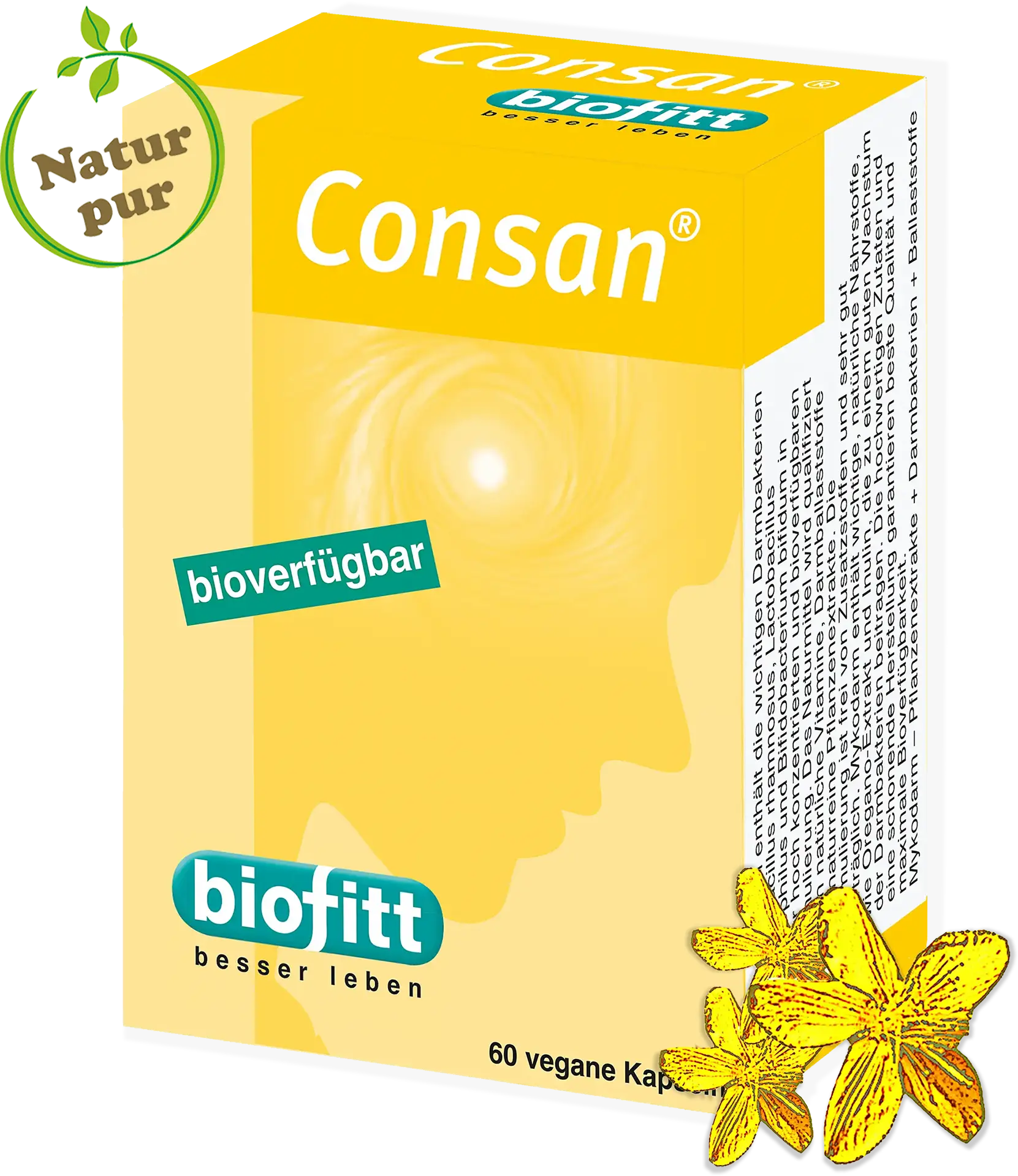 Consan – Johanniskraut + L-Tryptophan Kapseln – Produktabbildung Vorderseite