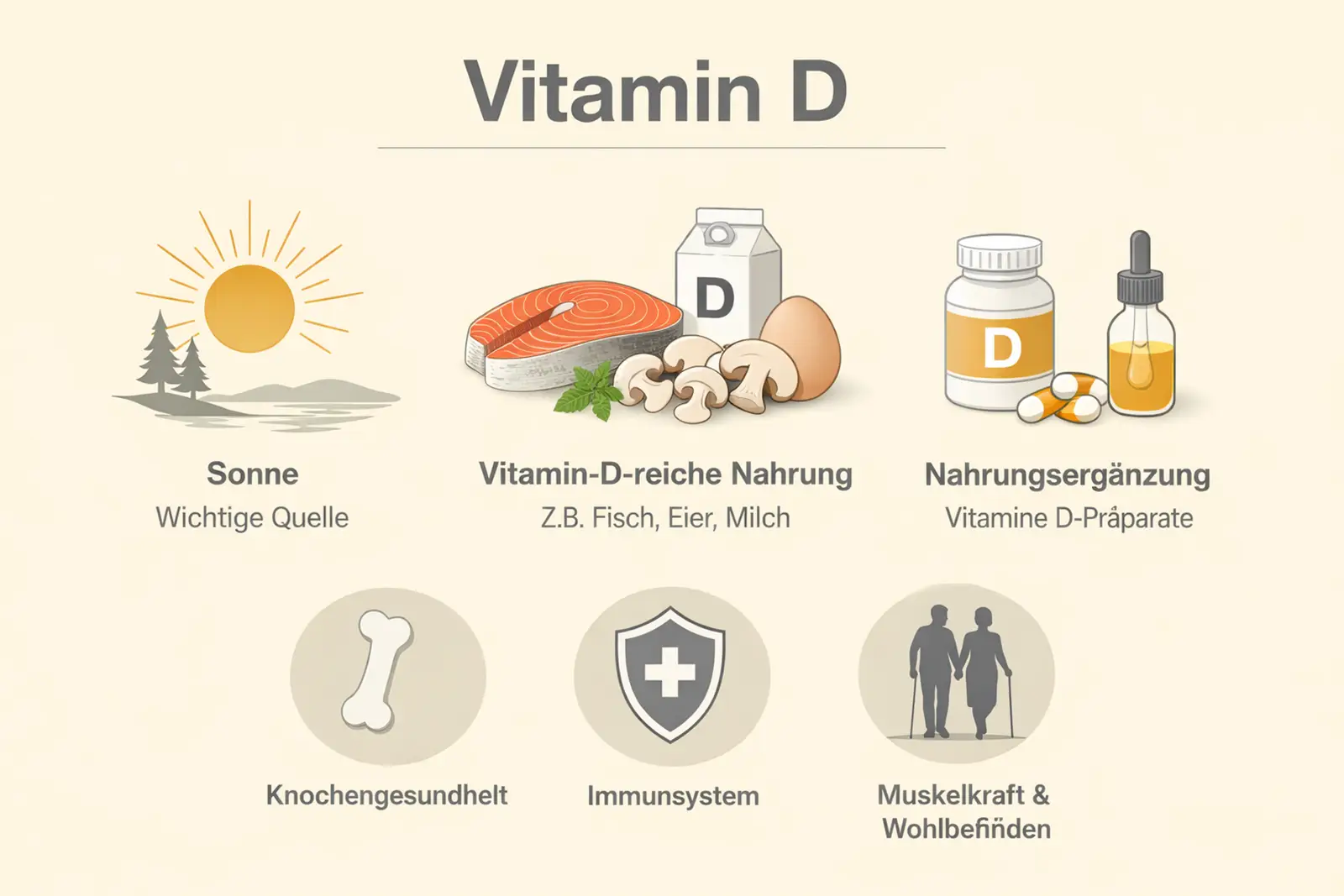 Schematische Darstellung der Vitamin-D-Versorgung durch Sonnenlicht und Ernährung sowie ihrer Bedeutung für Knochen, Muskeln und Immunsystem