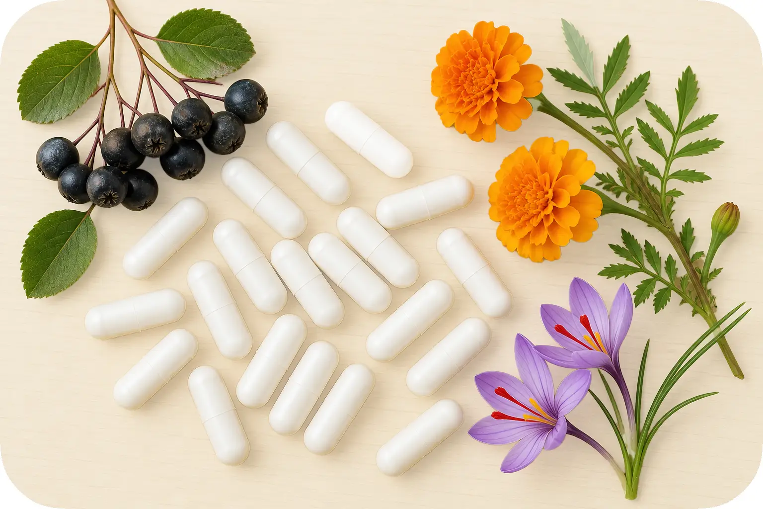 Weiße Makularpro Augenkapseln mit Aroniabeeren, Studentenblumen und Safranblüten