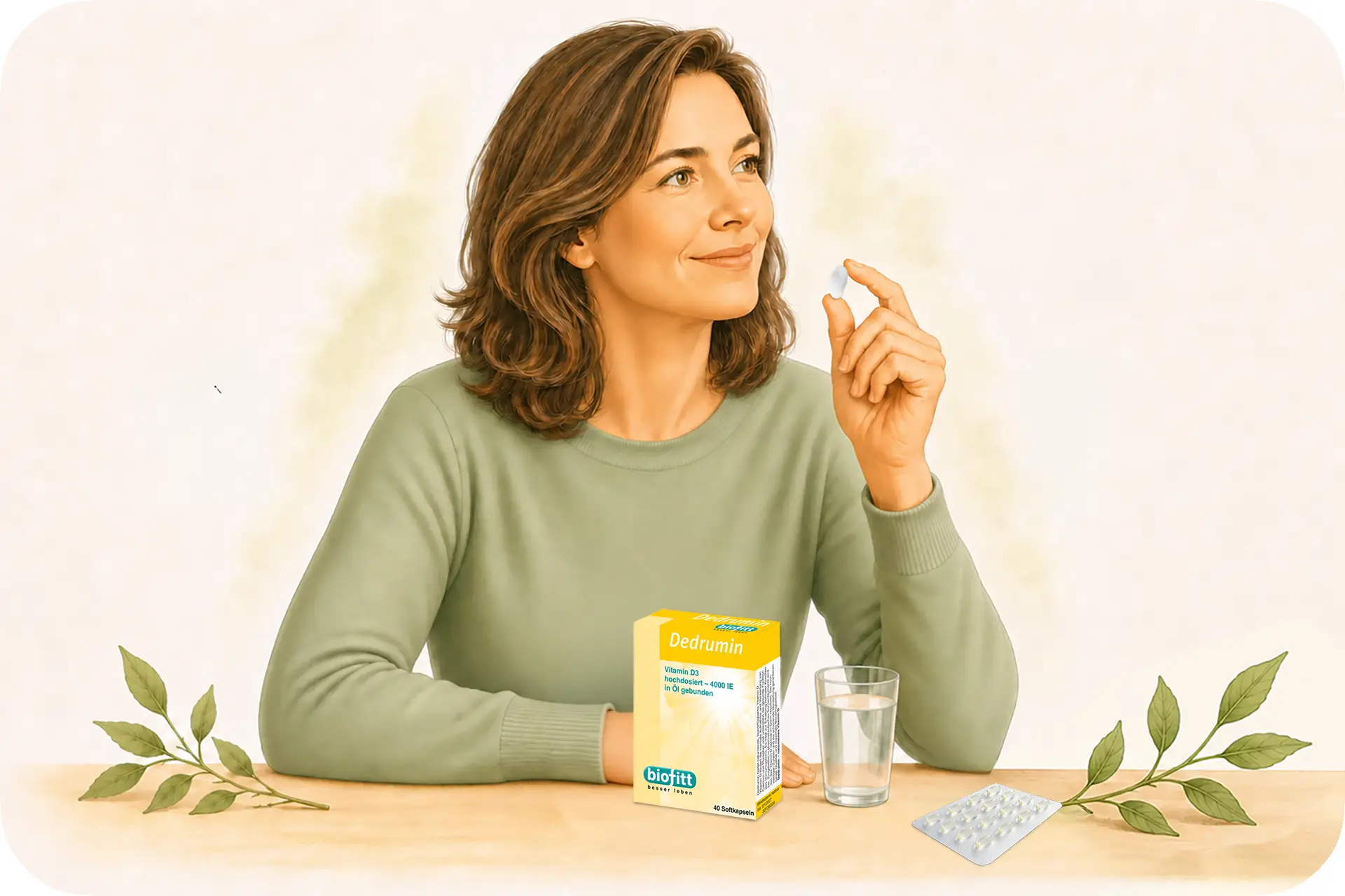 Frau bei der Einnahme einer Dedrumin Vitamin D3 Softgelkapsel