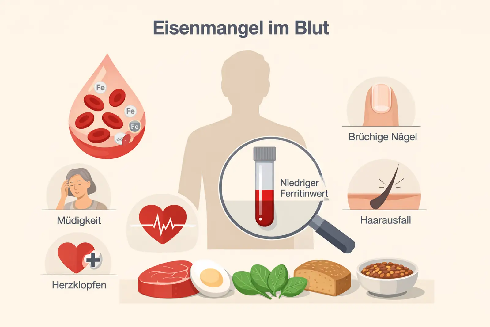 Schematische Darstellung von Eisenmangel im Blut mit Ursachen und eingeschränktem Sauerstofftransport