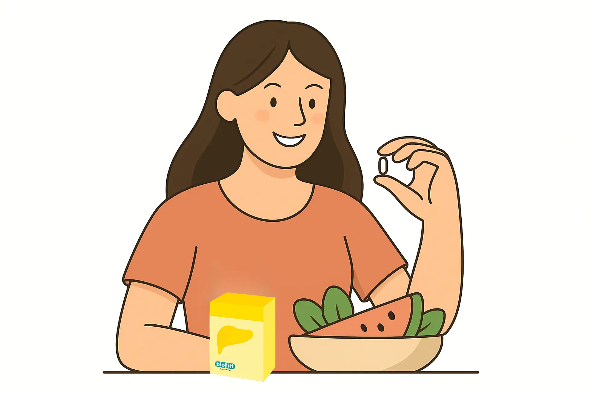 Gesundheitsbewusste Person mit ausgewogener Ernährung und Nahrungsergänzungsmittel