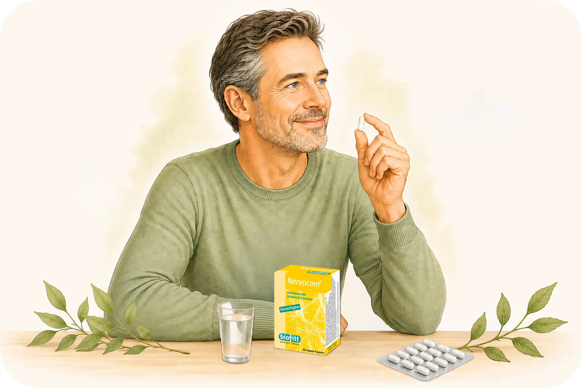 Illustration zur täglichen Anwendung von Nervocom Vitamin B Komplex Kapseln