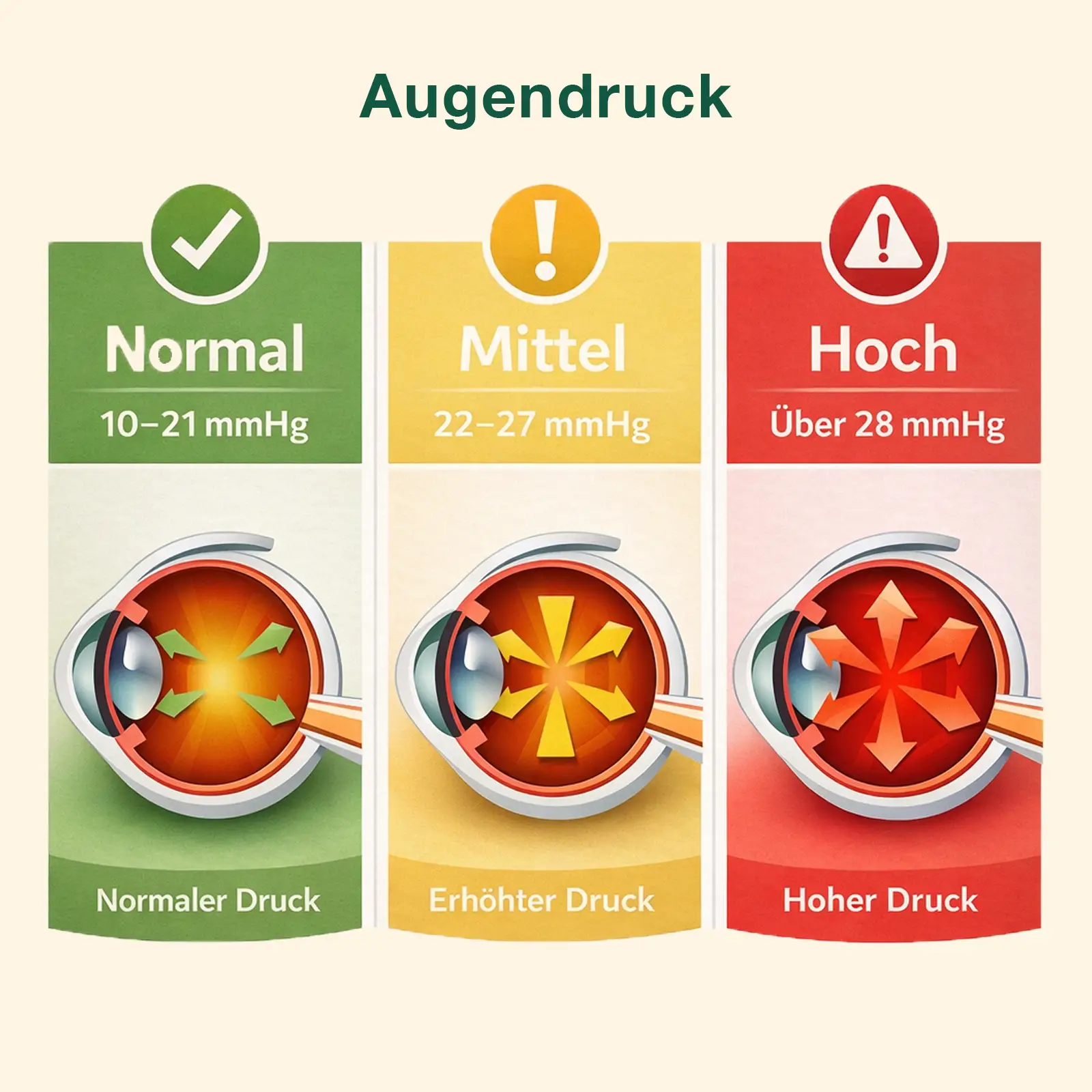 Diagramm zum Augendruck in mmHg mit Einteilung in Normalbereich, mittleren Bereich und erhöhten Bereich