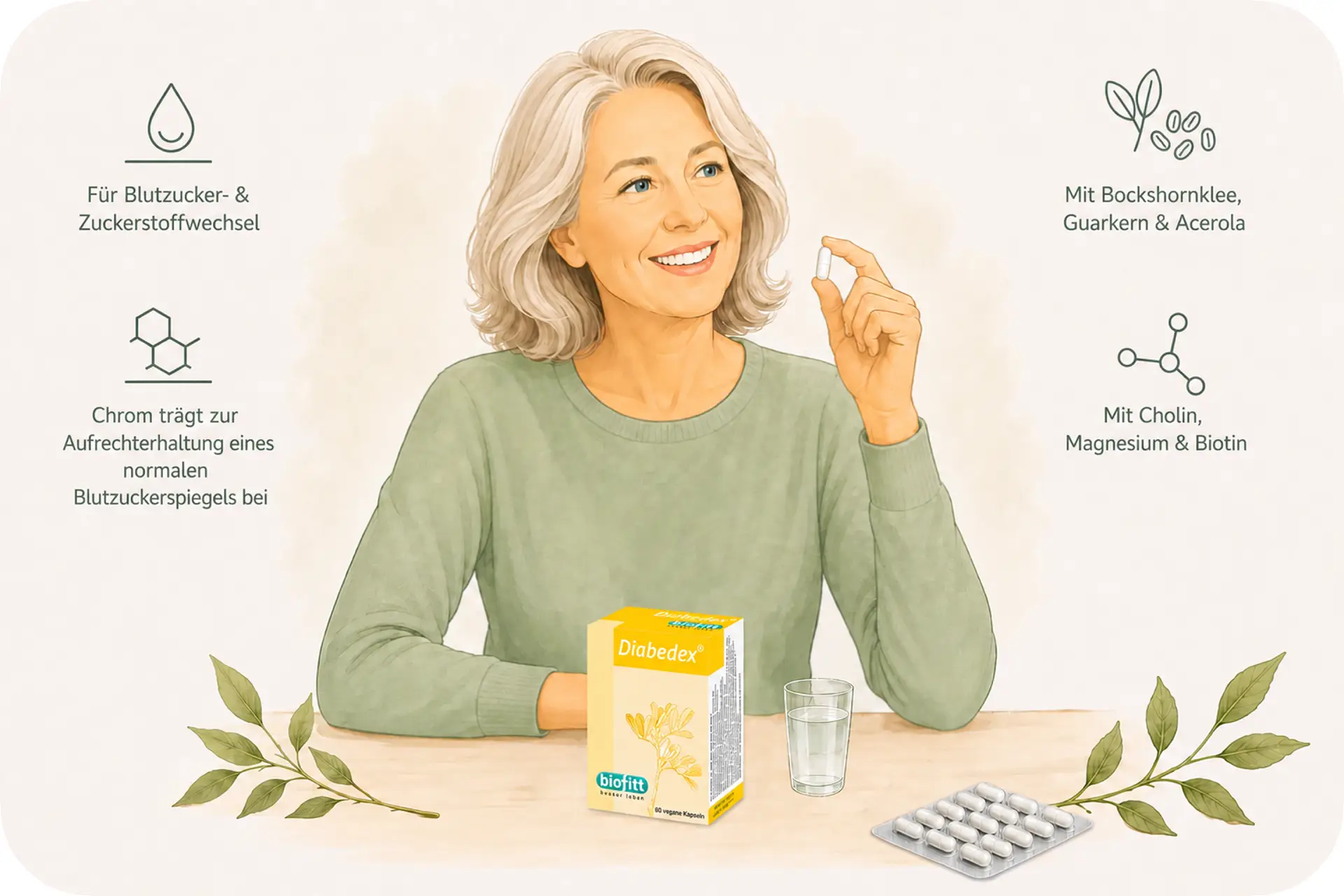 Anwendungsillustration von Diabedex mit Frau, Kapsel und Wasserglas. Gezeigt werden Bockshornklee, Guarkern, Acerola, Cholin, Magnesium und Biotin; Chrom trägt zur Aufrechterhaltung eines normalen Blutzuckerspiegels bei.