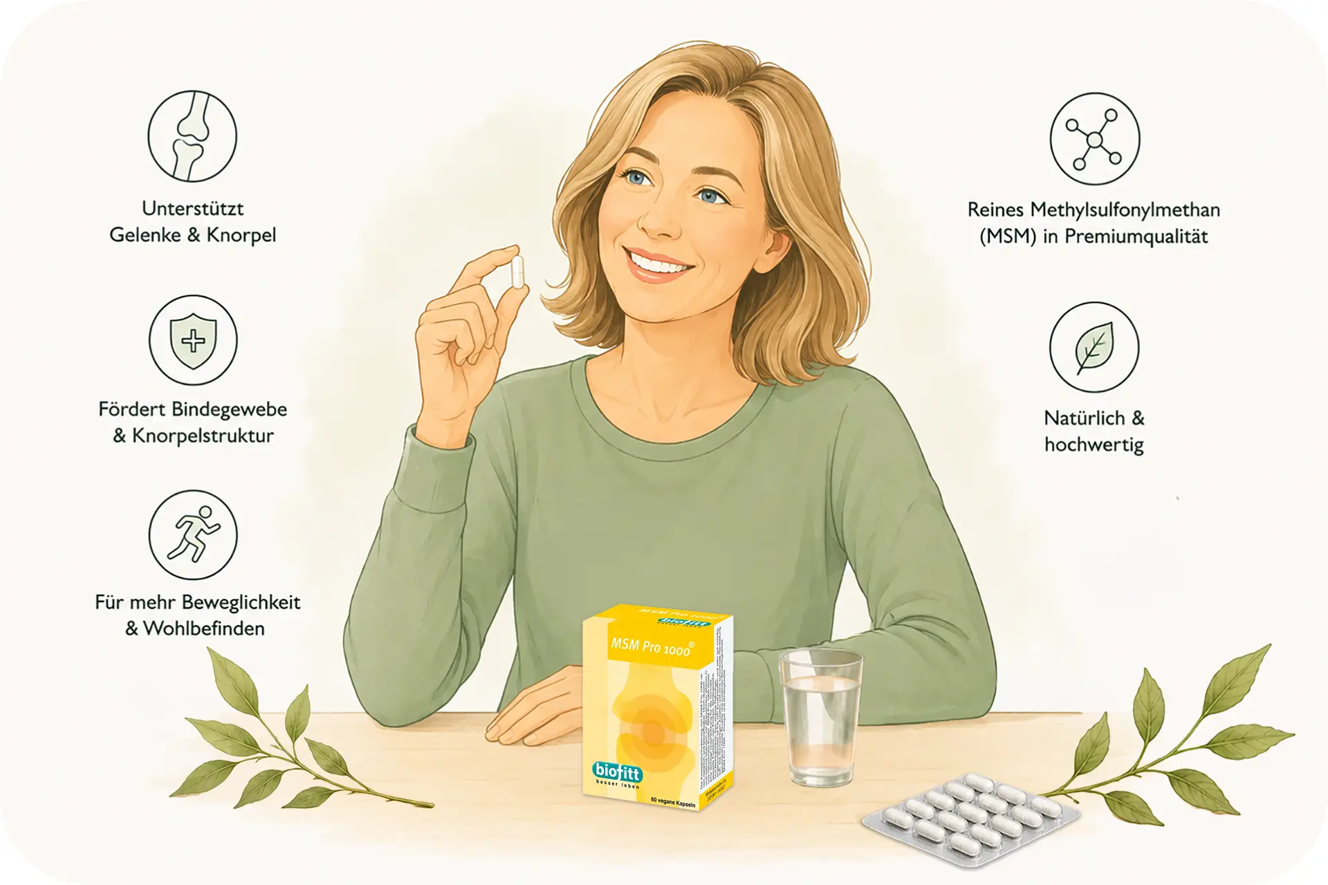 Anwendung MSM-pro-1000 Kapsel Frau Illustration biofitt