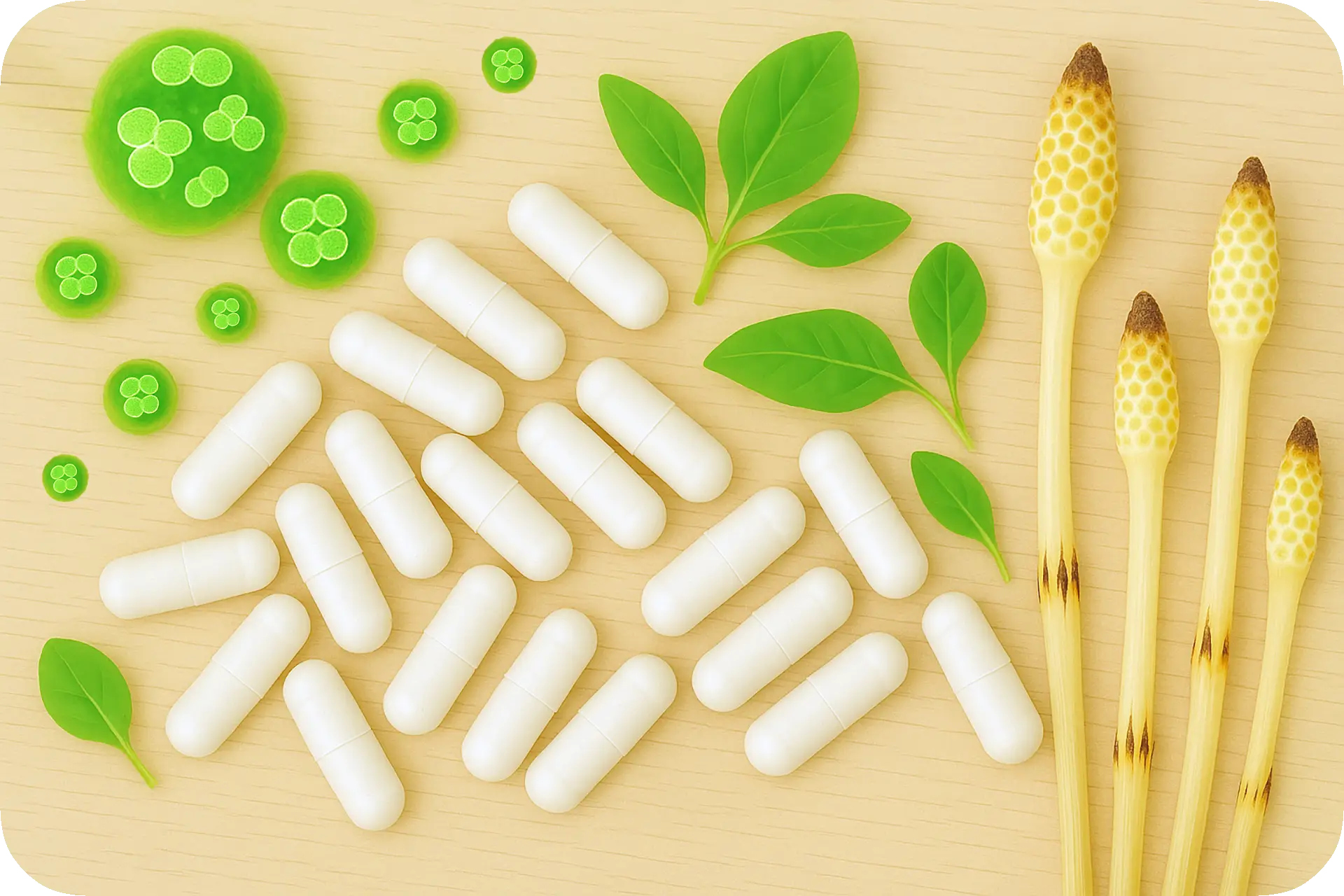 Chlorella Kapseln – Detailansicht mit Pflanzen