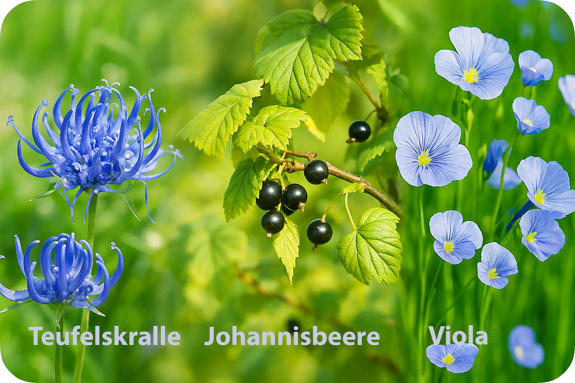Zutatenübersicht: Teufelskralle, Grünlippmuschel, Johannisbeerblätter (Ribes nigrum), Viola